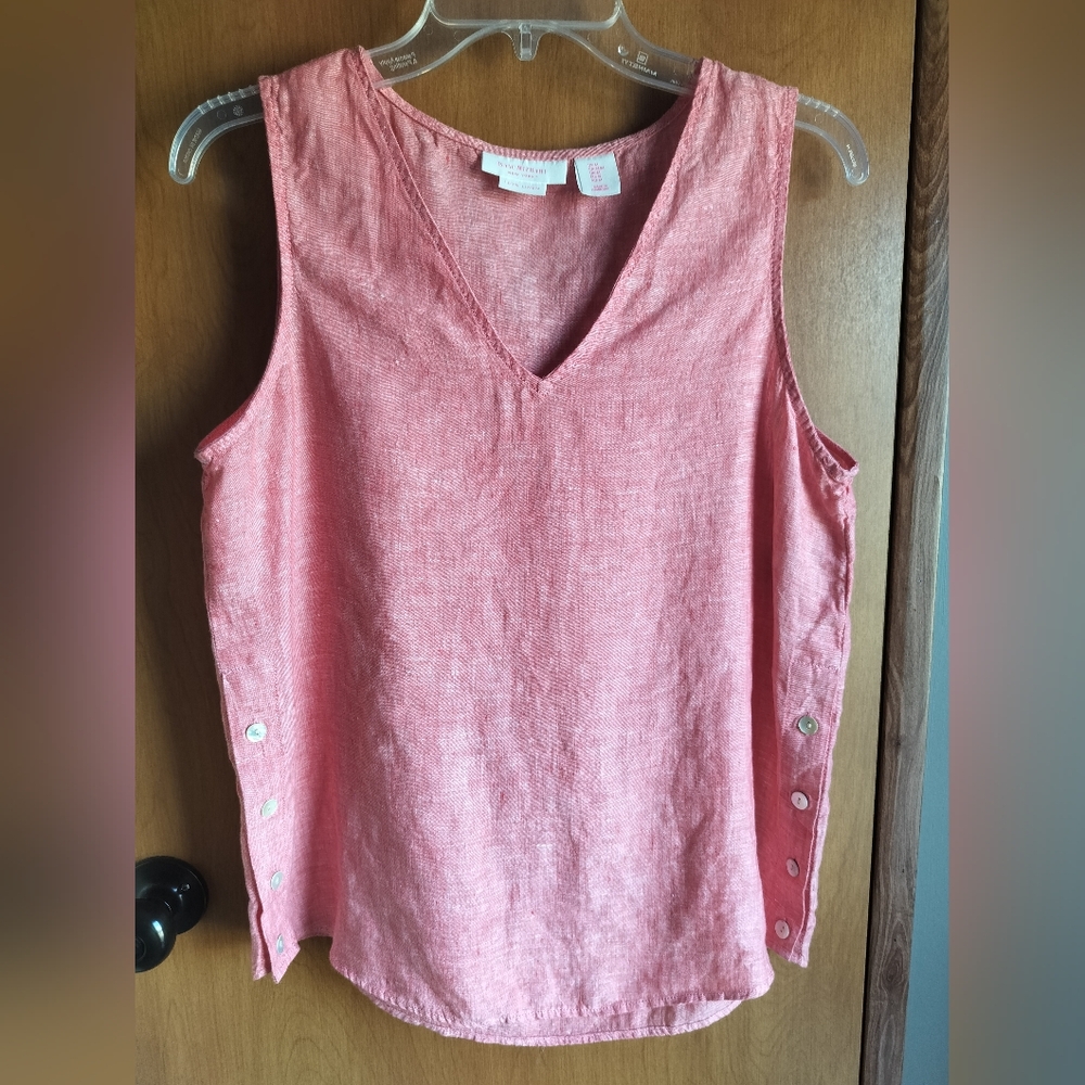 Isaac Mizrahi Coral Red 100% Linen Coastalcowgirl Beachy Top W/Button Detail M